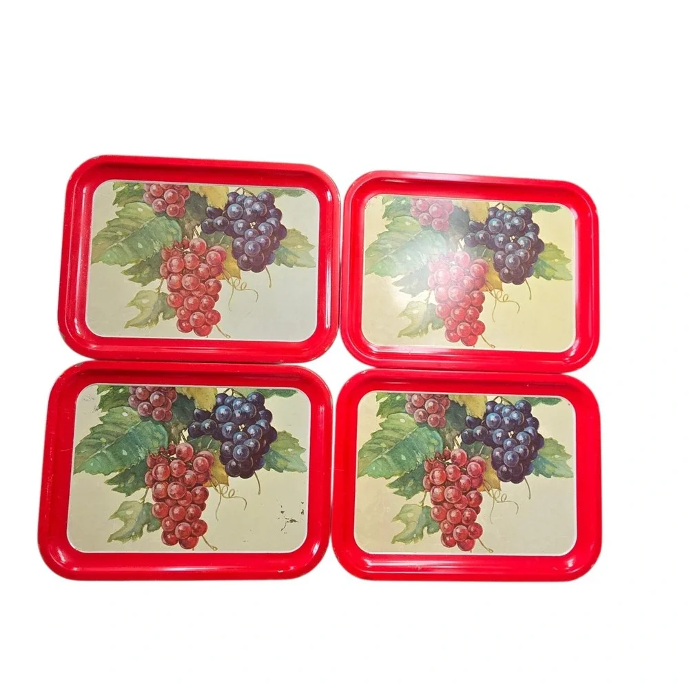 Vintage Metal Serving Trays Red Trim W/Grapes Design 10.5